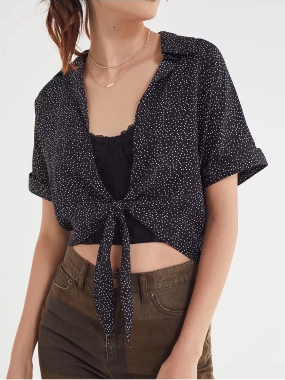 Urban Outfitters Womens Black Polka Dot Tie Front Crop Top Size Small S